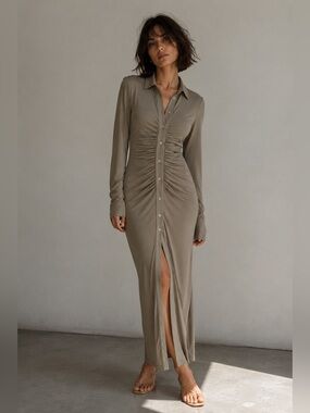 RECC Paris Made in France Ruched Button-Front Maxi Shirt Dress Size 38